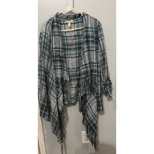 Matilda Jane plaid fringe roll‎ tab open front cardigan Medium